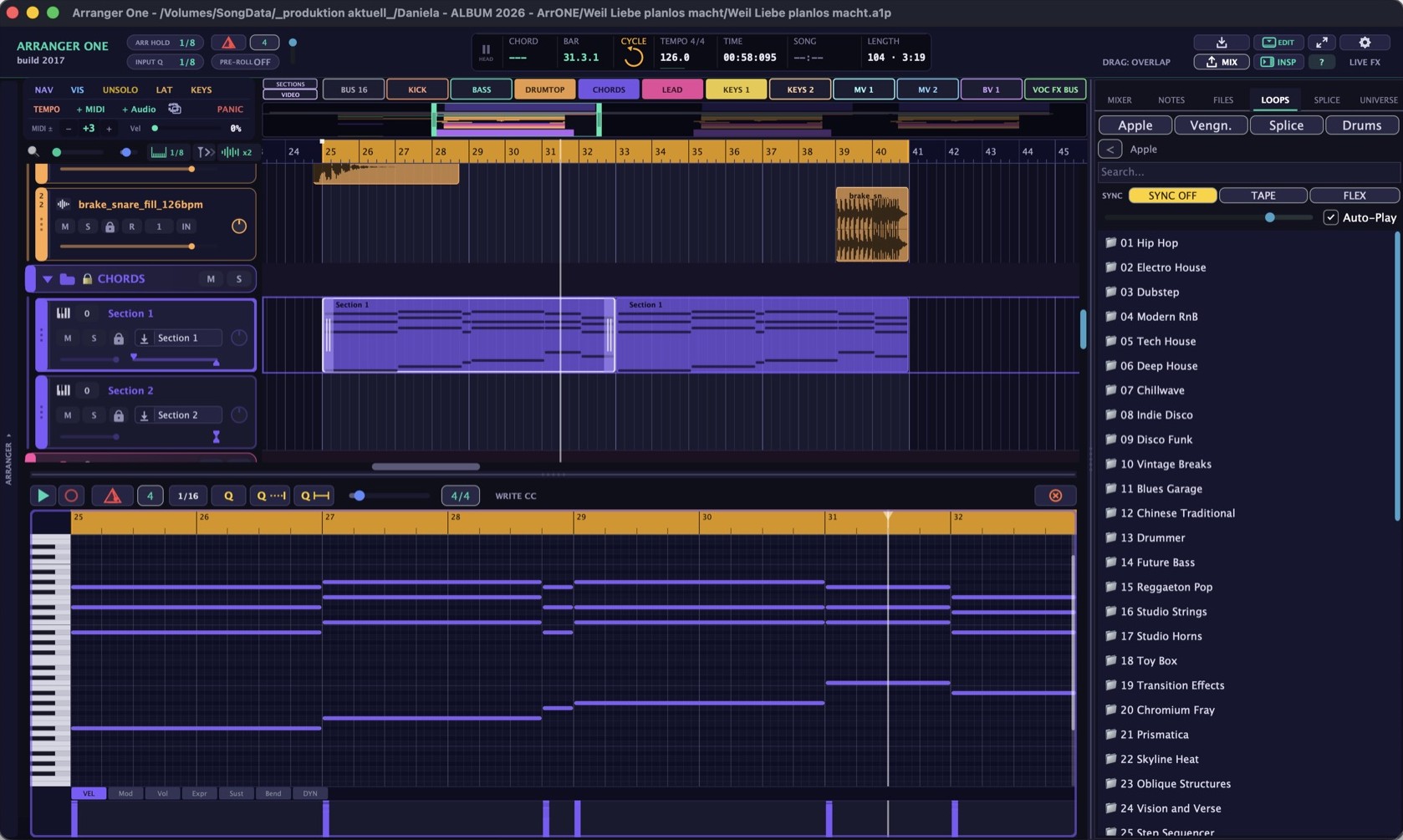 Arranger One — Piano-Roll und Loops